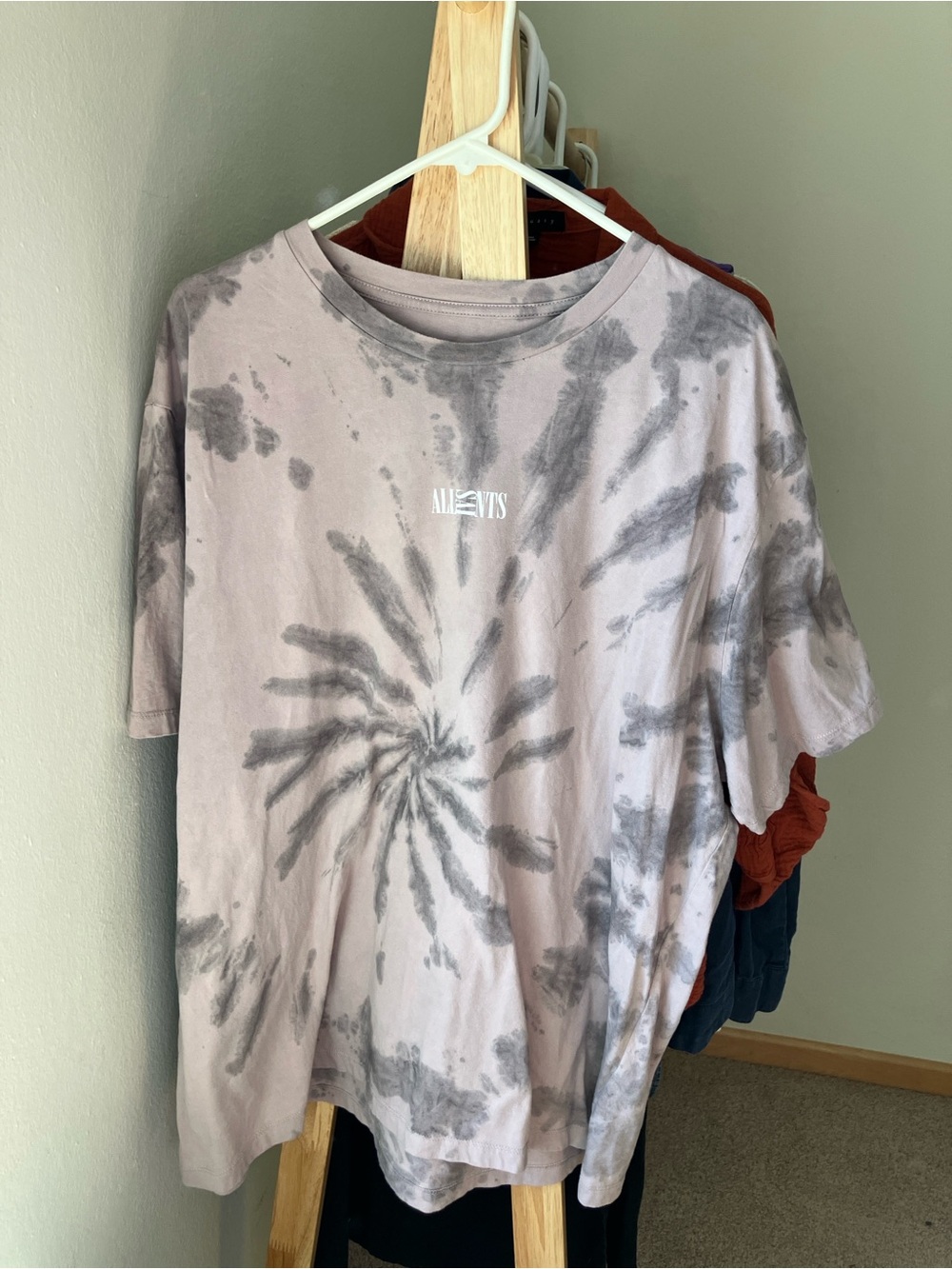 All Saints Men's Short Sleeve Spiral Tie-Dye Tee in Mauve and Charcoal